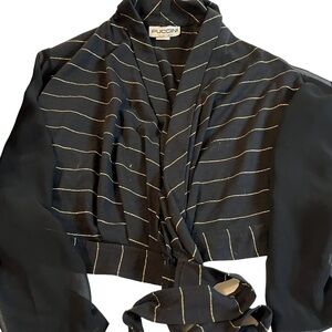 Vtg 1960’s “Puccini” Italian Mode Sz M Black Gold Stripe Tie Front Sheer Sleeves